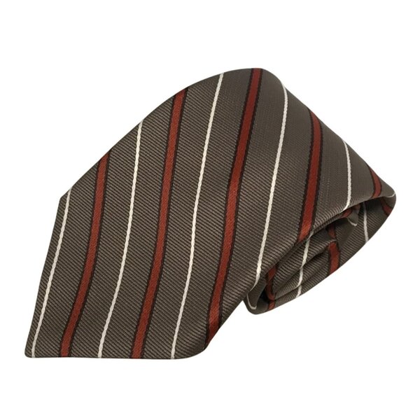 Striped Repp Tie Michael Rochchaud Montreal Mens Necktie Brown & Red Polyester - Picture 1 of 4